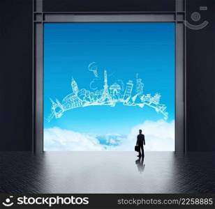 businessman thinking in factory and looking to sky with hand drawn world travel concept 