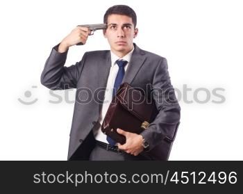 Businessman thinking of suicide on white