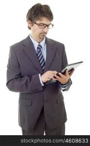 businessman thinking with a tablet pc, isolated
