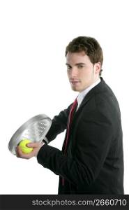 businessman tie suit holding paddle tennis racket and ball