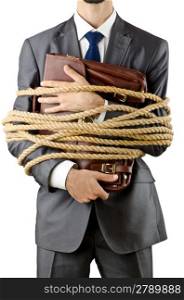 Businessman tied up on white