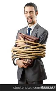Businessman tied up on white