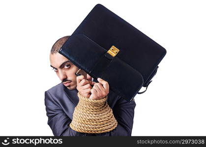 Businessman tied up with rope