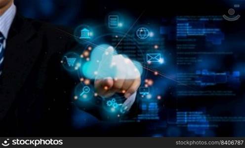 businessman touch on virtual internet connection cloud computing and technology icons. Business global connection application digital marketing, Financial and banking, big data.