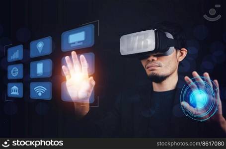 Businessman touch on visual screen 3D data application technology and VR glasses on metaverse AI control