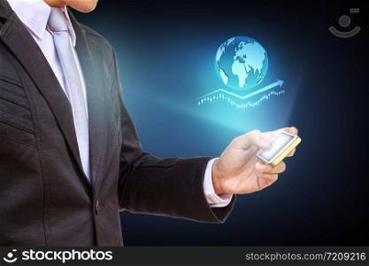 Businessman touch smartphone graph for trade stock market on the screen.