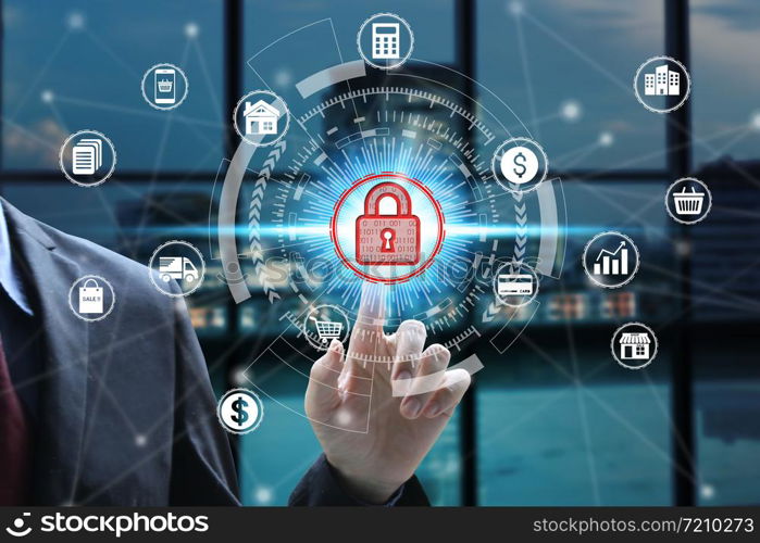 Businessman touch virtual padlock icon over the Network connection, Cyber Security Data Protection Business Technology Privacy concept.