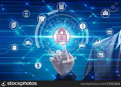 Businessman touch virtual padlock icon over the Network connection, Cyber Security Data Protection Business Technology Privacy concept.