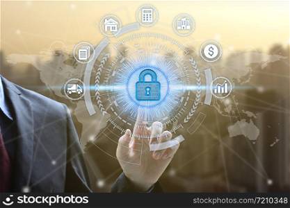Businessman touch virtual padlock icon over the Network connection, Cyber Security Data Protection Business Technology Privacy concept.