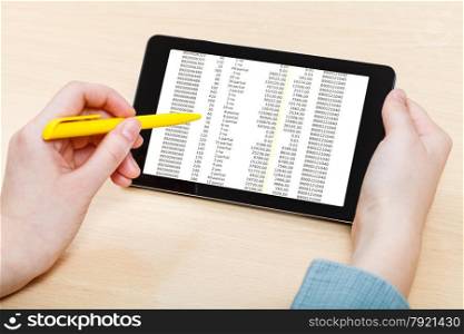 businessman touches by pen of tablet PC with sales data on screen at office table