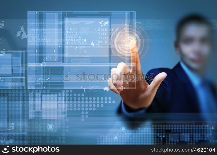 Businessman touching icon. Close up of businessman hand pushing icon on media screen