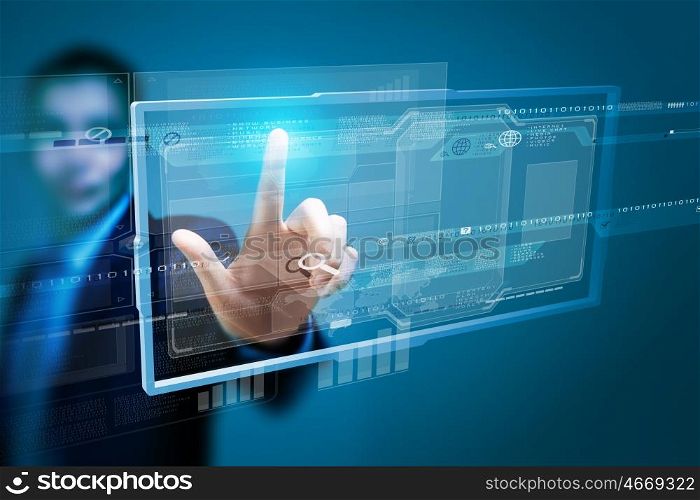 Businessman touching icon. Close up of businessman hand pushing icon on media screen