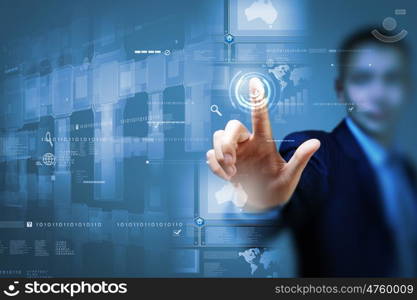 Businessman touching icon. Close up of businessman hand pushing icon on media screen