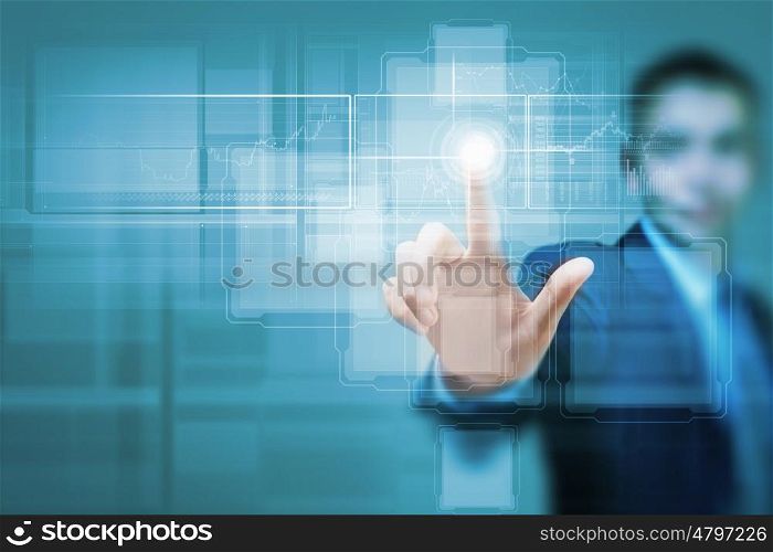 Businessman touching icon. Close up of businessman hand pushing icon on media screen