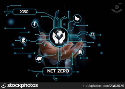 Businessman touching net zero save the eco world and reduce pollution virtual screen. virtual screen Business Technology Concept.