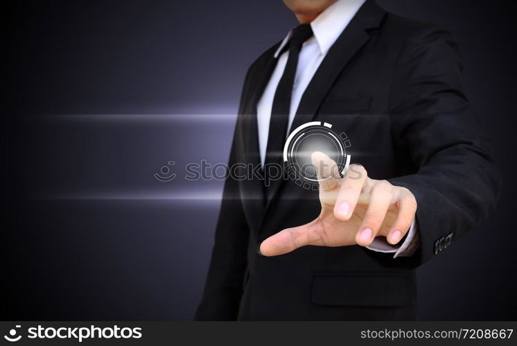 Businessman touching on a screen, technology or communication background