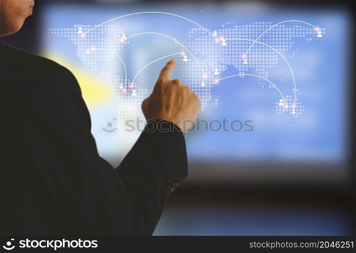 businessman touching on world map screen communication technology global network internet connection, virtual screen