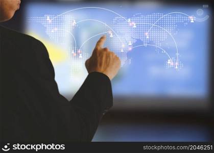 businessman touching on world map screen communication technology global network internet connection, virtual screen