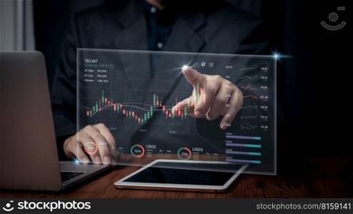 Businessman touching virtual screen graph stock market indicator currency exchange financial management forex. business profit chart trade growth index economy concept.