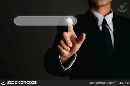 Businessman touching virtual screen on information search technology icon. Search Engine Optimization To find information, use Search Console with your website.