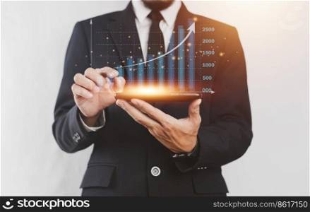 Businessman trading stock market on visual screen digital chart data analysis , Trader