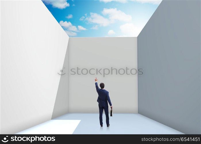 Businessman trying to escape from difficult situation