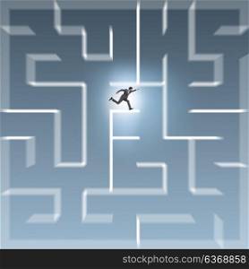 Businessman trying to escape from maze labyrinth