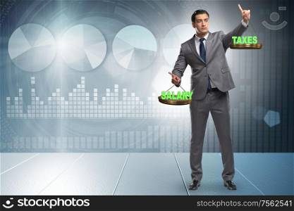 Businessman trying to find balance in taxes and salary. Businessman trying to find balance between taxes and salary