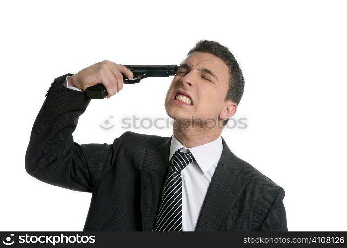 Businessman trying to suicide with gun shoot, isolated on white