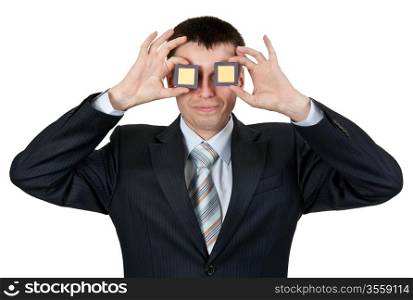 Businessman turned a blind eye two processors on a white background