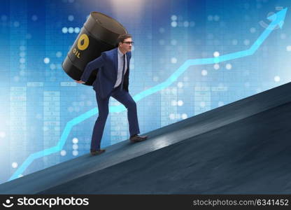 Businessman under the burden of oil barrel