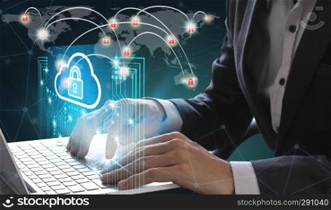 Businessman use Laptop and smartphone with padlock and cloud technology background, Cyber Security Data Protection Business Technology Privacy concept, Internet Concept of global business.