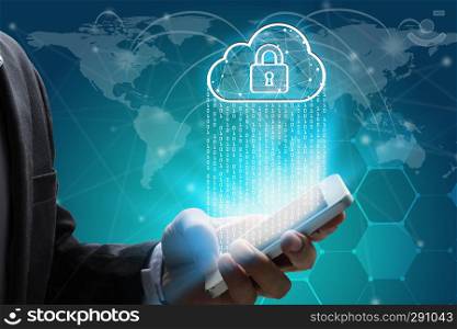 Businessman use Laptop and smartphone with padlock and cloud technology background, Cyber Security Data Protection Business Technology Privacy concept, Internet Concept of global business.