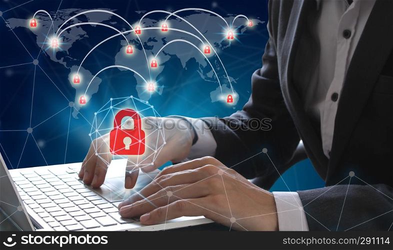 Businessman use Laptop with World map on a technology background, glowing lines connected, Cyber Security Data Protection Business Technology Privacy concept, Internet Concept of global business.