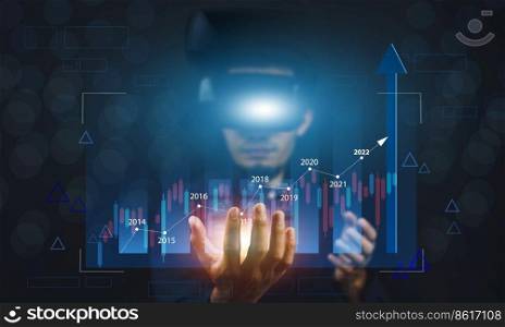 Businessman  use smartphone visual screen technology trading online or Investment stock market.VR glasses metaverse avatar