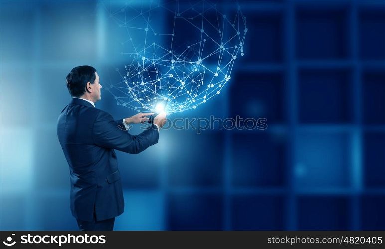 Businessman use tablet pc. Adult businessman in futuristic interior using tablet pc 3D rendering