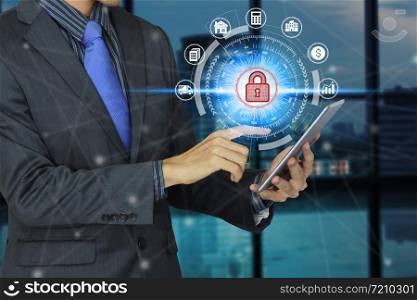 Businessman use tablet with padlock icon technology, Cyber Security Data Protection