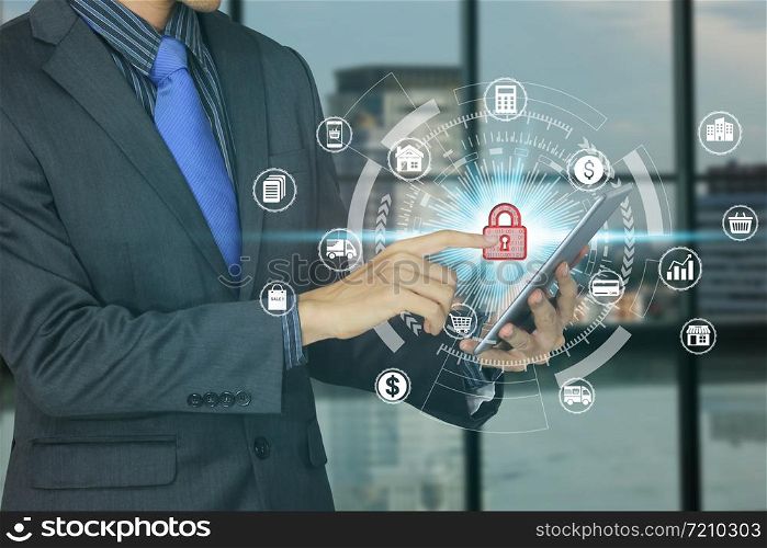 Businessman use tablet with padlock icon technology, Cyber Security Data Protection