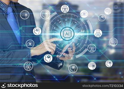 Businessman use tablet with virtual screen Artificial Intelligence technology icon over the Network connection, Artificial Intelligence Technology Concept