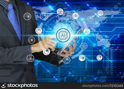 Businessman use tablet with virtual screen Artificial Intelligence technology icon over the Network connection, Artificial Intelligence Technology Concept
