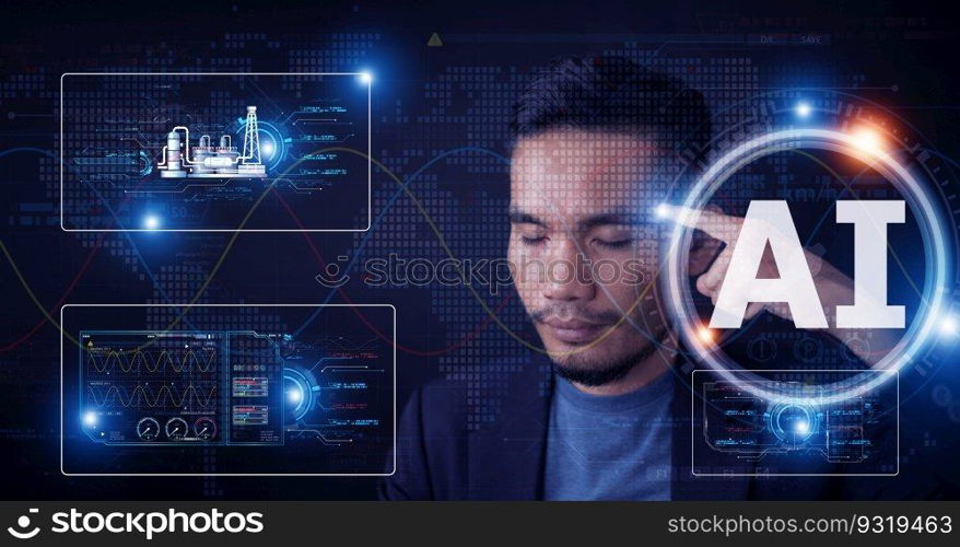 Businessman using Ai chatbot technology control on visual screen Chatbot Chat with AI, Artificial Intelligence. Futuristic technology transformation command prompt for generates.