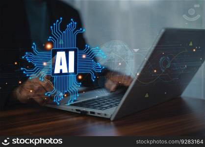 Businessman using computer chat with AI Artificial Intelligence, AI chat bot support, Chat AI concept