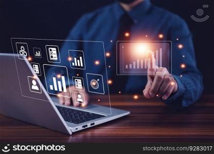 Businessman using computer data management and paperless document control and dashboard analysis information project