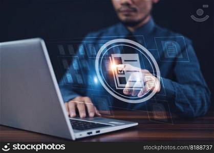 Businessman using computer for DMS documents management and ERP software for Document system management. Automation software to archiving and efficiently manage and information files.