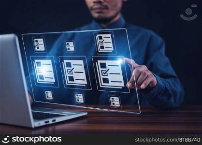 Businessman using computer for DMS documents management and ERP software for Document system management