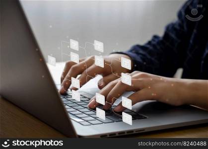 Businessman using computer for Document Management System (DMS) installed by IT working on laptop computer Icon Data Storage Security System Connectivity Software Search