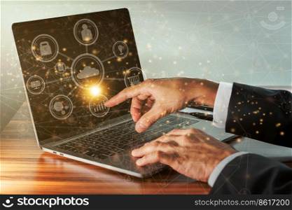 Businessman using computer laptop technology touch screen mode data internet