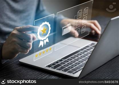 Businessman using computer laptop with popup rating icon for feedback review , Customer give rating to service experience on online application for giving best score