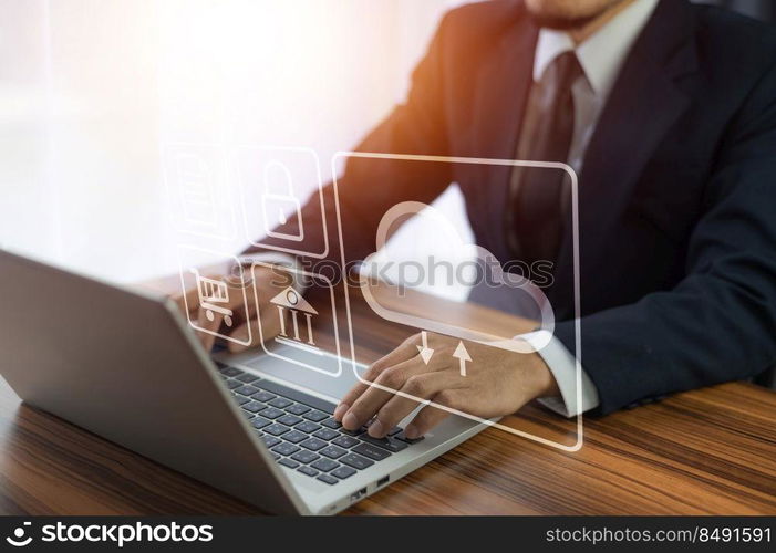 Businessman using computer login Cloud computing concept and Cloud computing security