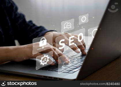 Businessman using computer to manage SEO Document Search Engine Optimization on Search Engine Optimization concept. online business online marketing